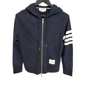 Thom Browne Navy Hoodie With White Stripes Size 3 100% Cotton Made In Japan